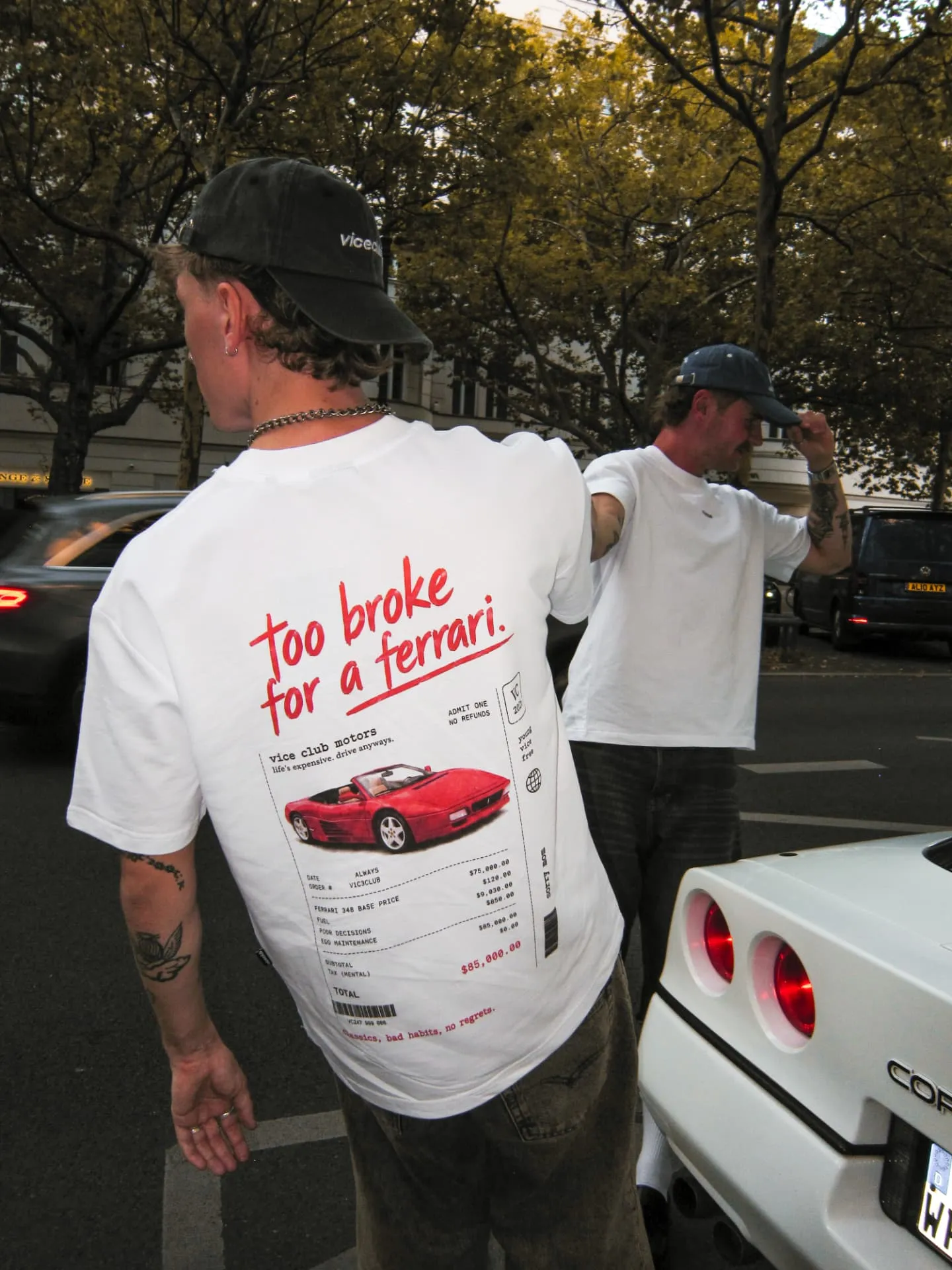 too broke for a ferrari tee back print on the street